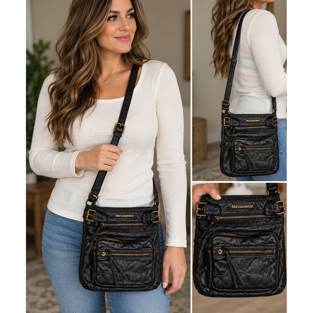 Montana West Black Vegan Leather Multi-Zip Crossbody Bag Antique Brass Hardware